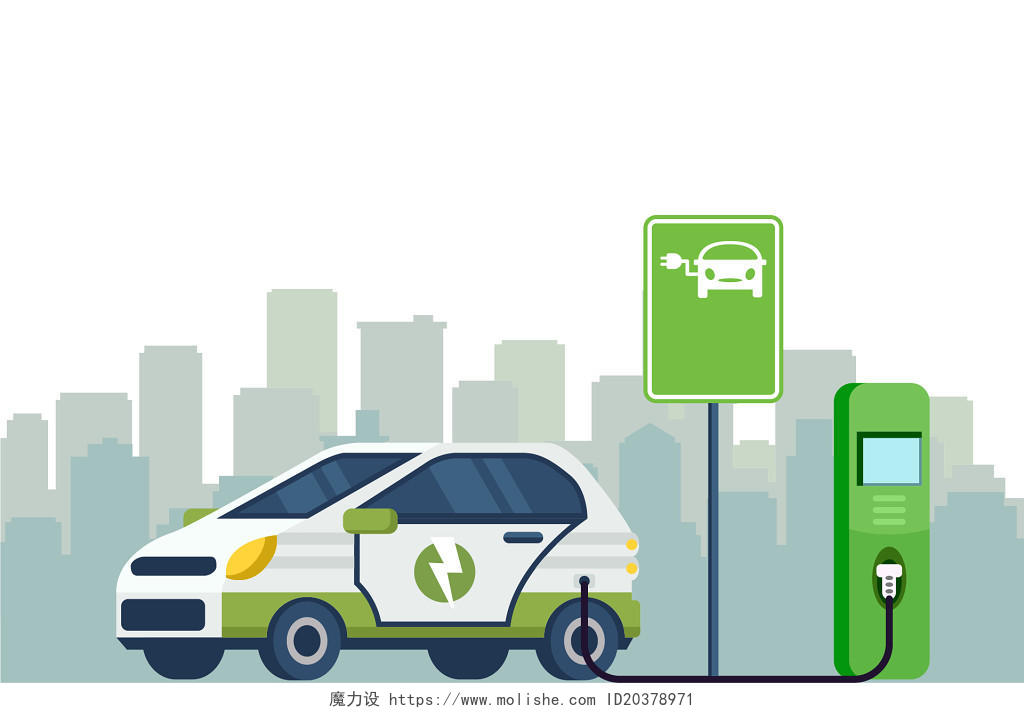 简约绿色新能源汽车城市剪影素材